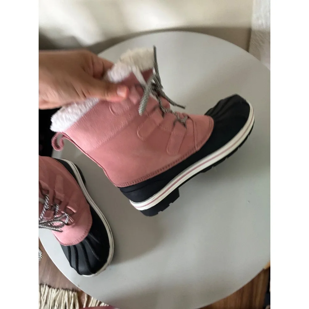 Cat & Jack Girls Pink Black Winter Snow Boots Faux Fur Lined Size 3